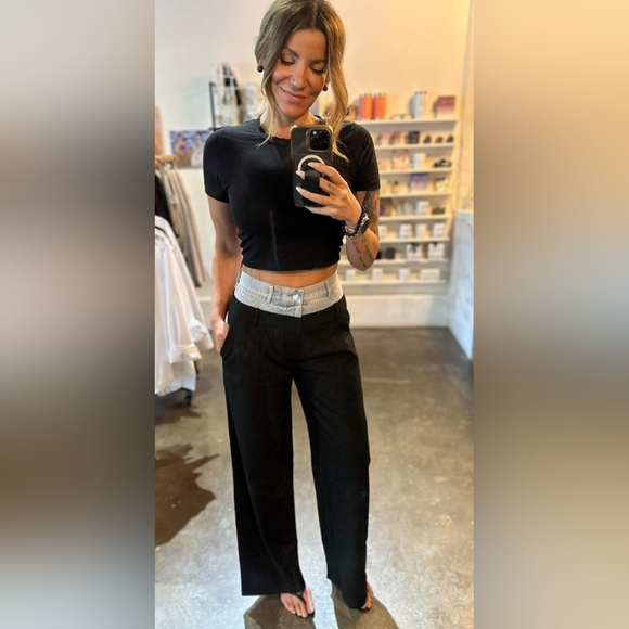 Mimosa Pants - Mimosa Pinstripe Dress Pants With Denim Waist